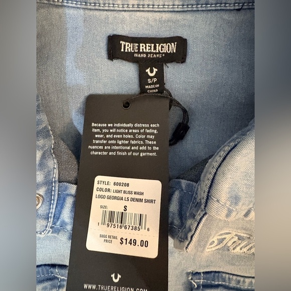 NWT True Religion Light Bliss Wash Logo Georgia Long Sleeve Denim Shirt Sz Small - Picture 5 of 12